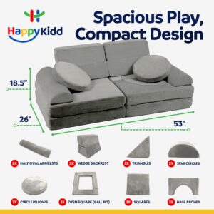 HappyKidd Modular Kids Play Couch - 15 Pieces Buildable Plush Play Couch Panels with Ball Pit Square, Backrests - Kids Sofa Couch Furniture for Ages 5-12, Kids Couch for Playroom, Bedroom, Classroom