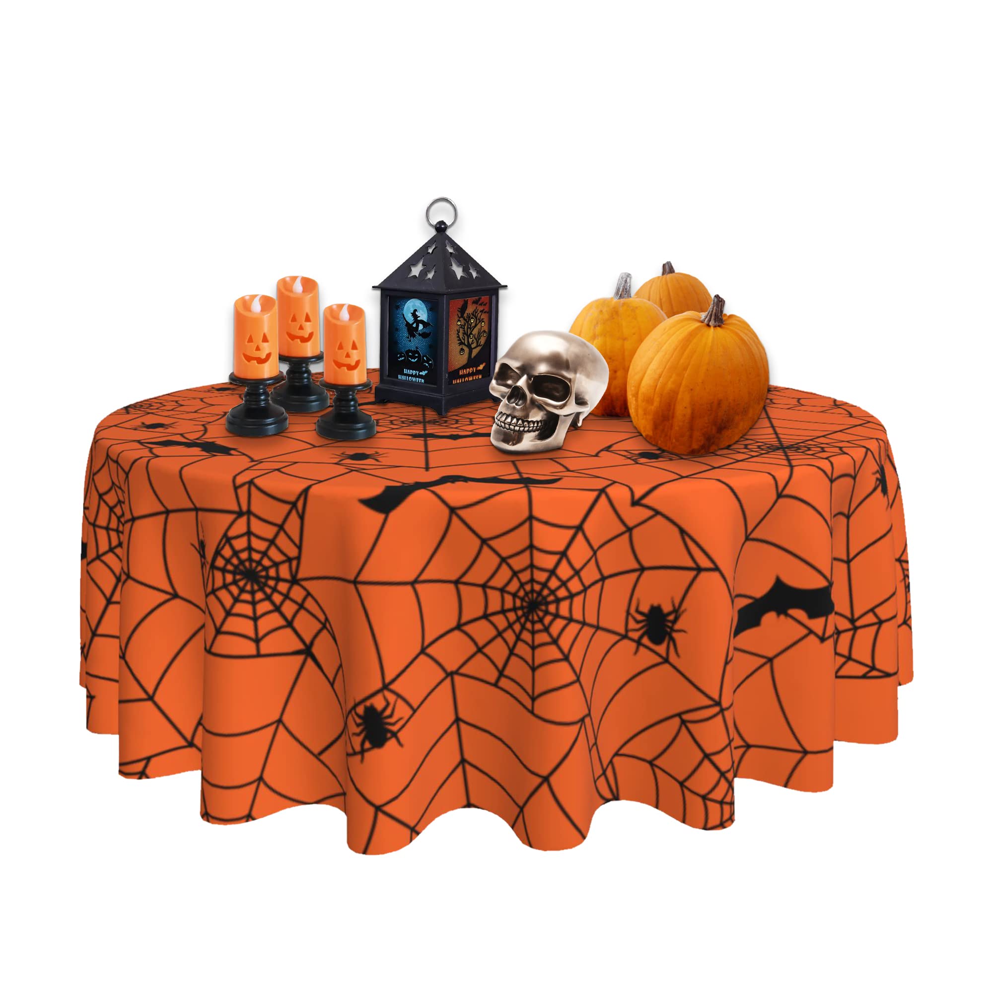 SuQKXCo Halloween Tablecloth Spider Web Orange Round Tablecloth 60 inch Table Cloths Cover Mat Spill Proof Table Covers for Kitchen Party Dinner Tabletop Decoration