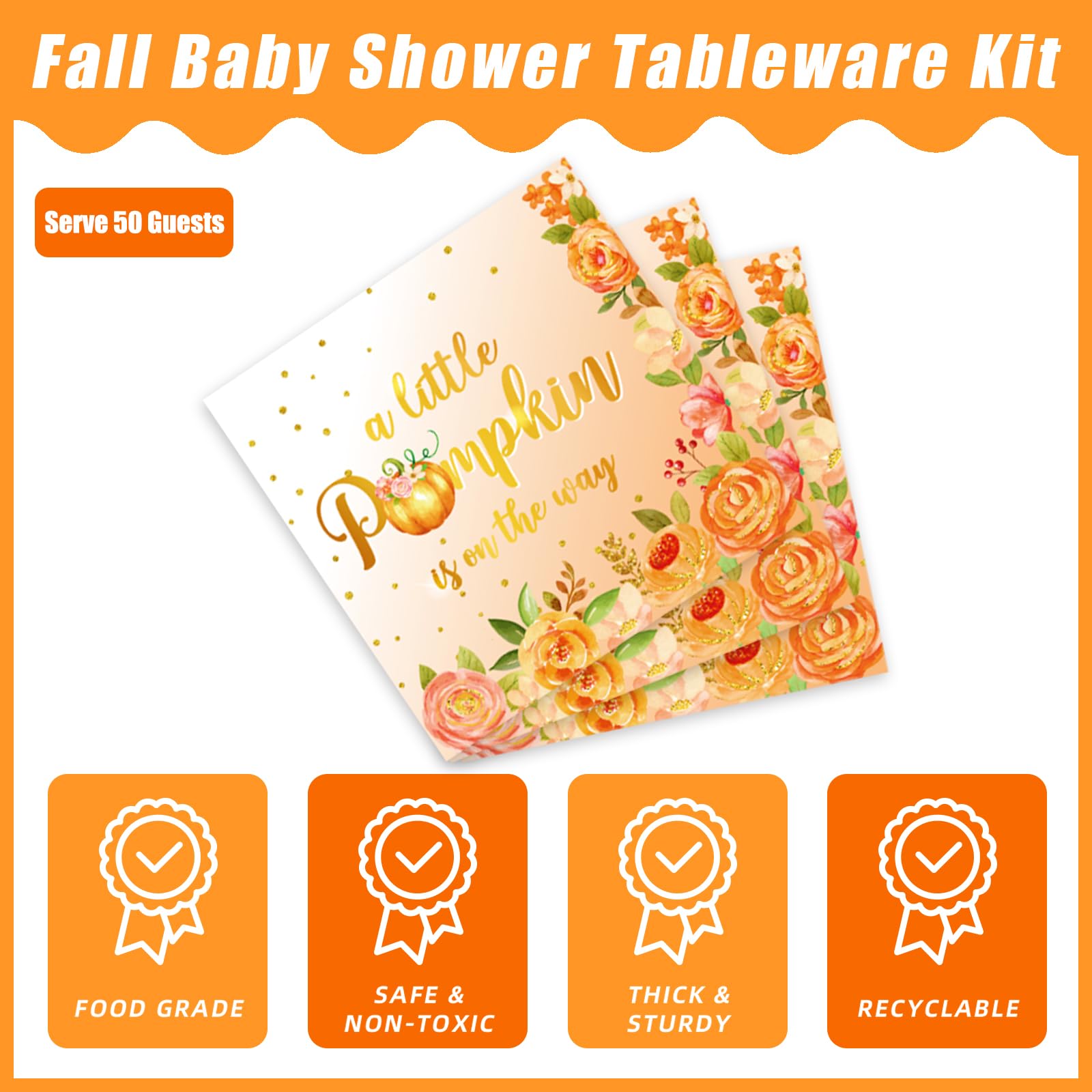 Kepeel 200Pcs Fall Little Pumpkin Baby Shower Plates and Napkins Set, Autumn A Little Pumpkin is on The Way Party Supplies Decorations Thanksgiving Baby Shower Birthday Party Tableware Kit, Serves 50