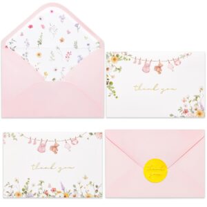 crisky baby shower pink gold thank you cards (50 pack) with envelopes & stickers girl baby shower greeting cards bulk, watercolor delicate wildflower for baby shower party