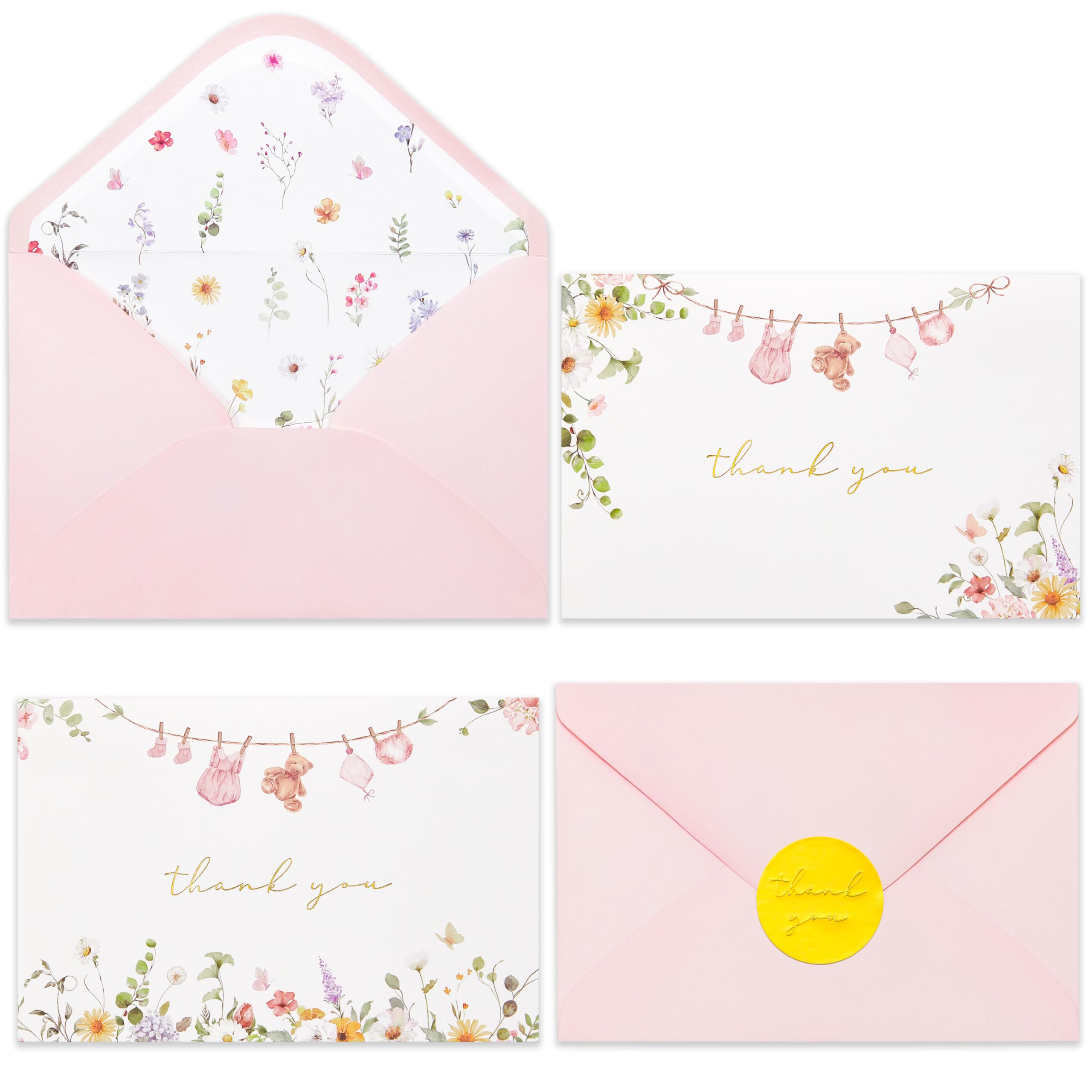 Crisky Baby Shower Pink Gold Thank You Cards (50 Pack) with Envelopes & Stickers Girl Baby Shower Greeting Cards Bulk, Watercolor Delicate Wildflower for Baby Shower Party