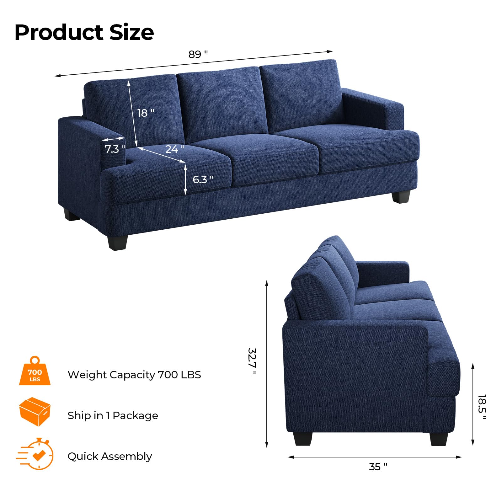 Fadware 89 Inch Couch, 3 Seater Couches with Deep Seats, Modern Loveseat 3-Seat Sofa Couches for Living Room Apartment Lounge, Detachable Sofa Cover, Easy to Install, Blue