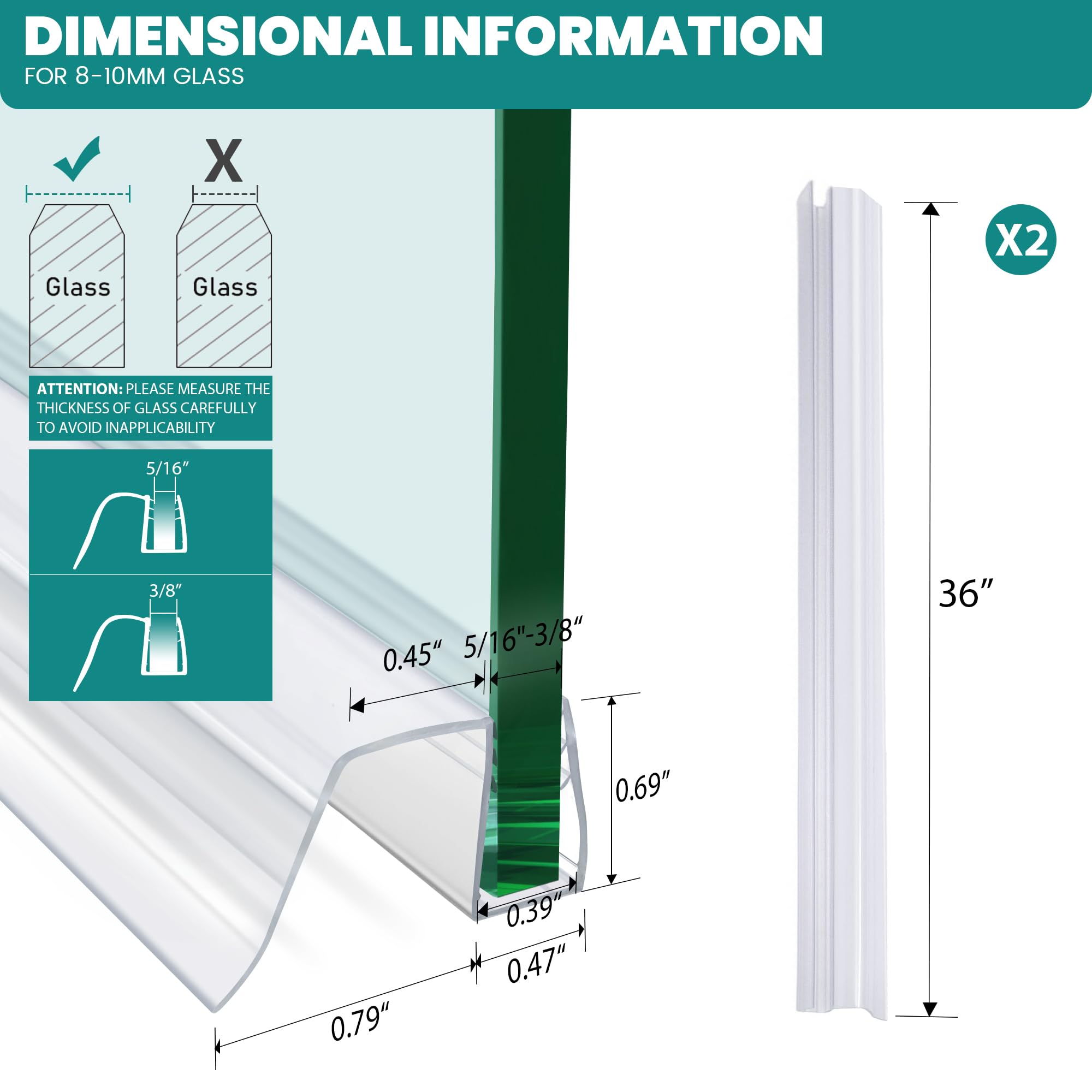 Bathroom Shower Glass Door Bottom Seal Strip, 2PCS 36 Inch Long Clear PVC Seal Strips for 5/16"(8mm) - 3/8"(10mm) Thick Framless Glass Door Panel