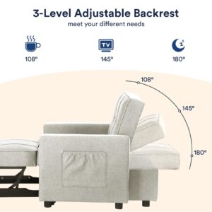 Rovibek Pull Out Sofa Chair 3 in 1 Convertible Sleeper Chair Bed Single Sofa Bed Chair Linen Sleeper Chair with Adjustable Backrest, Easy Assembly, White