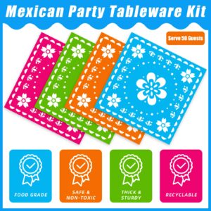 Kepeel 200Pcs Fiesta Party Plates, Mexican Cinco De Mayo Party Decorations Supplies Mexican Papel Picado Disposable Paper Plates Napkins for Taco Carnival Birthday Baby Shower Tableware, Serves 50