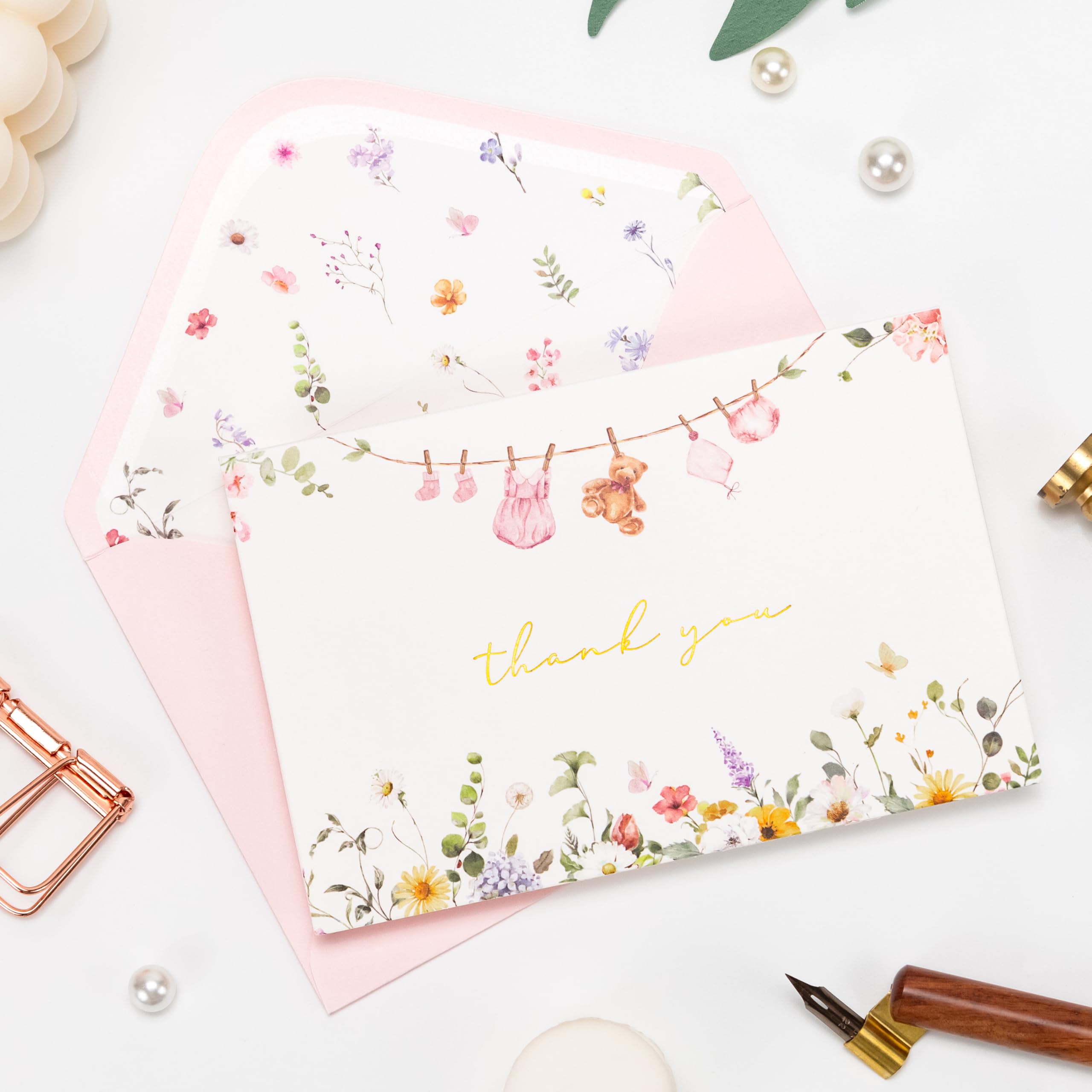 Crisky Baby Shower Pink Gold Thank You Cards (50 Pack) with Envelopes & Stickers Girl Baby Shower Greeting Cards Bulk, Watercolor Delicate Wildflower for Baby Shower Party