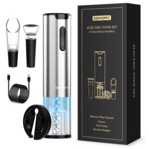 euhomy electric wine opener set, wine bottle opener with wine aerator pourer and foil cutter, stainless steel automatic corkscrew opener with wine vacuum stopper,fine set for wine lovers