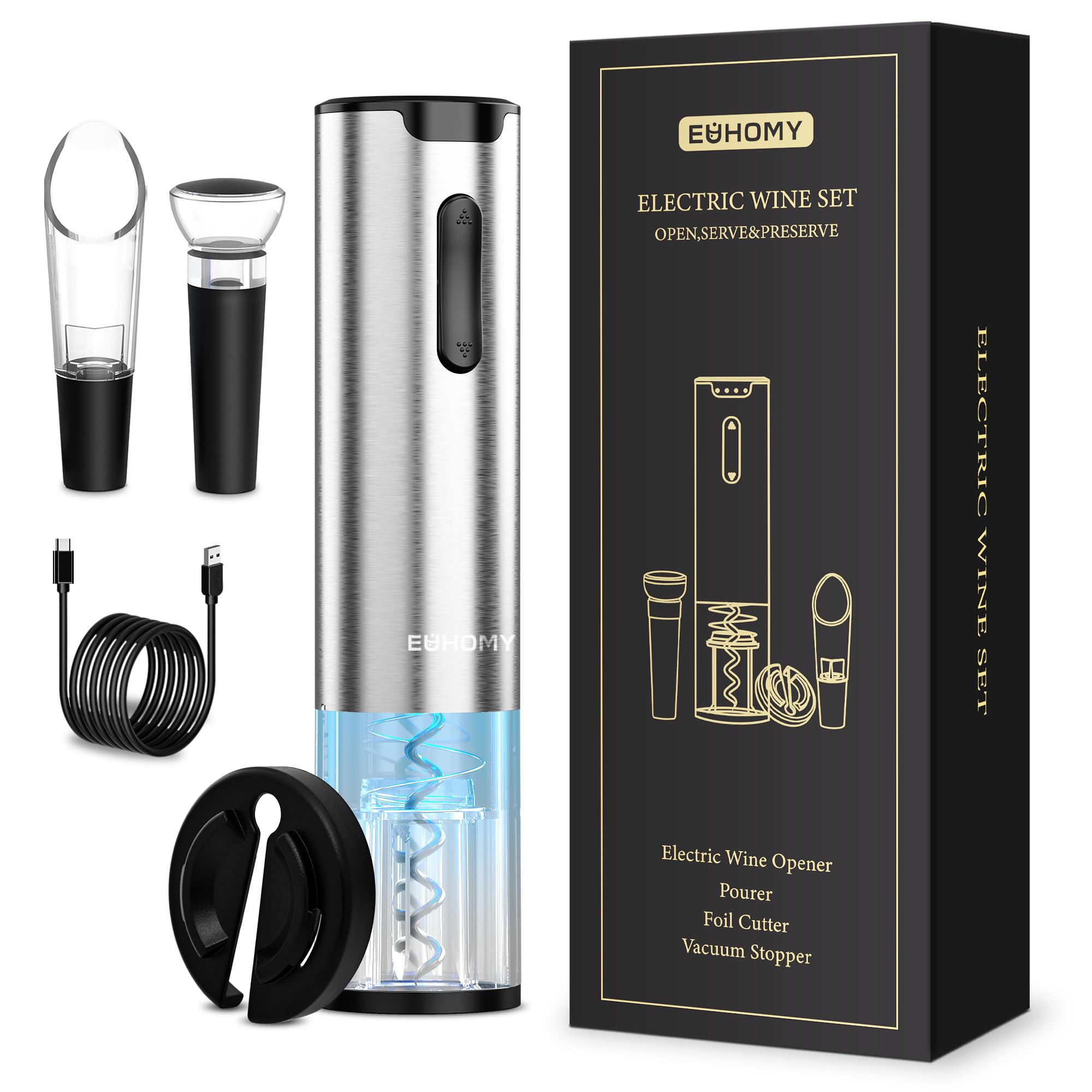 EUHOMY Electric Wine Opener Set, Wine Bottle Opener with Wine Aerator Pourer and Foil Cutter, Stainless Steel Automatic Corkscrew Opener with Wine Vacuum Stopper,Fine Set for Wine Lovers