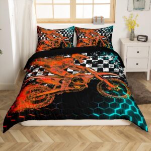 feelyou motocross duvet cover set black orange dirt bike rider blue orange honeycomb bedding set boys racing grid comforter cover fashion motorcycle silhouette quilt cover room 2pcs twin size,zipper