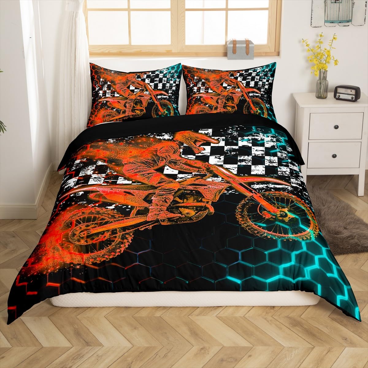 Feelyou Motocross Duvet Cover Set Black Orange Dirt Bike Rider Blue Orange Honeycomb Bedding Set Boys Racing Grid Comforter Cover Fashion Motorcycle Silhouette Quilt Cover Room 2Pcs Twin Size,Zipper