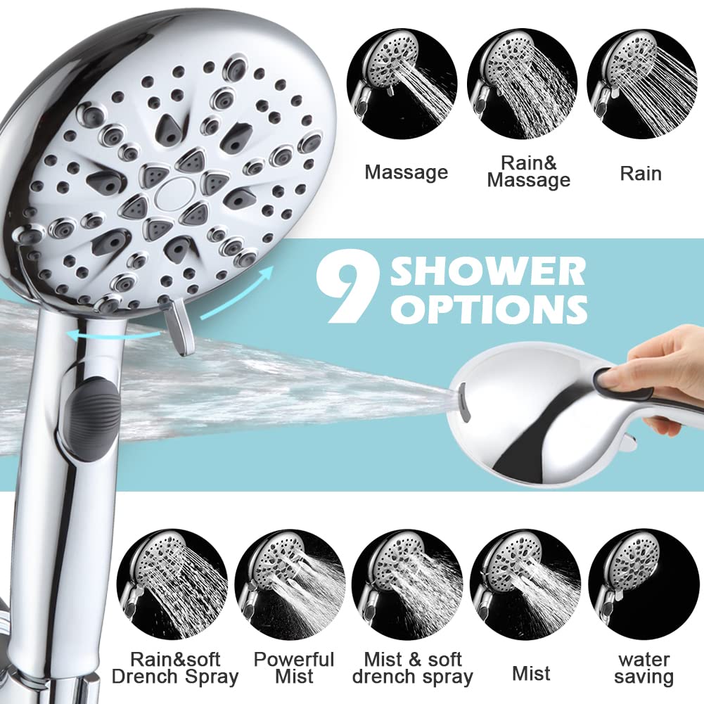 POP SANITARYWARE Shower Faucet Set Chrome, High Pressure 9-mode Handheld Shower Head System, Single Handle Shower Valve and Trim Kit, Built-in Power Spray to Clean