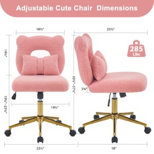 Furniliving Cute Vanity Desk Chair, Armless Home Office Desk Chair Height Adjustable with Wheels Upholstered Pillow for Makeup Room for Girls, Sherpa Pink