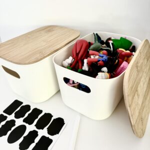 Plastic Stackable Storage Bins with Bamboo Lid 2 PCS and 10 Sticker Labels and one Chalk Pen -Storage Containers-Storage Basket for Organizing-Playroom Classroom Organization