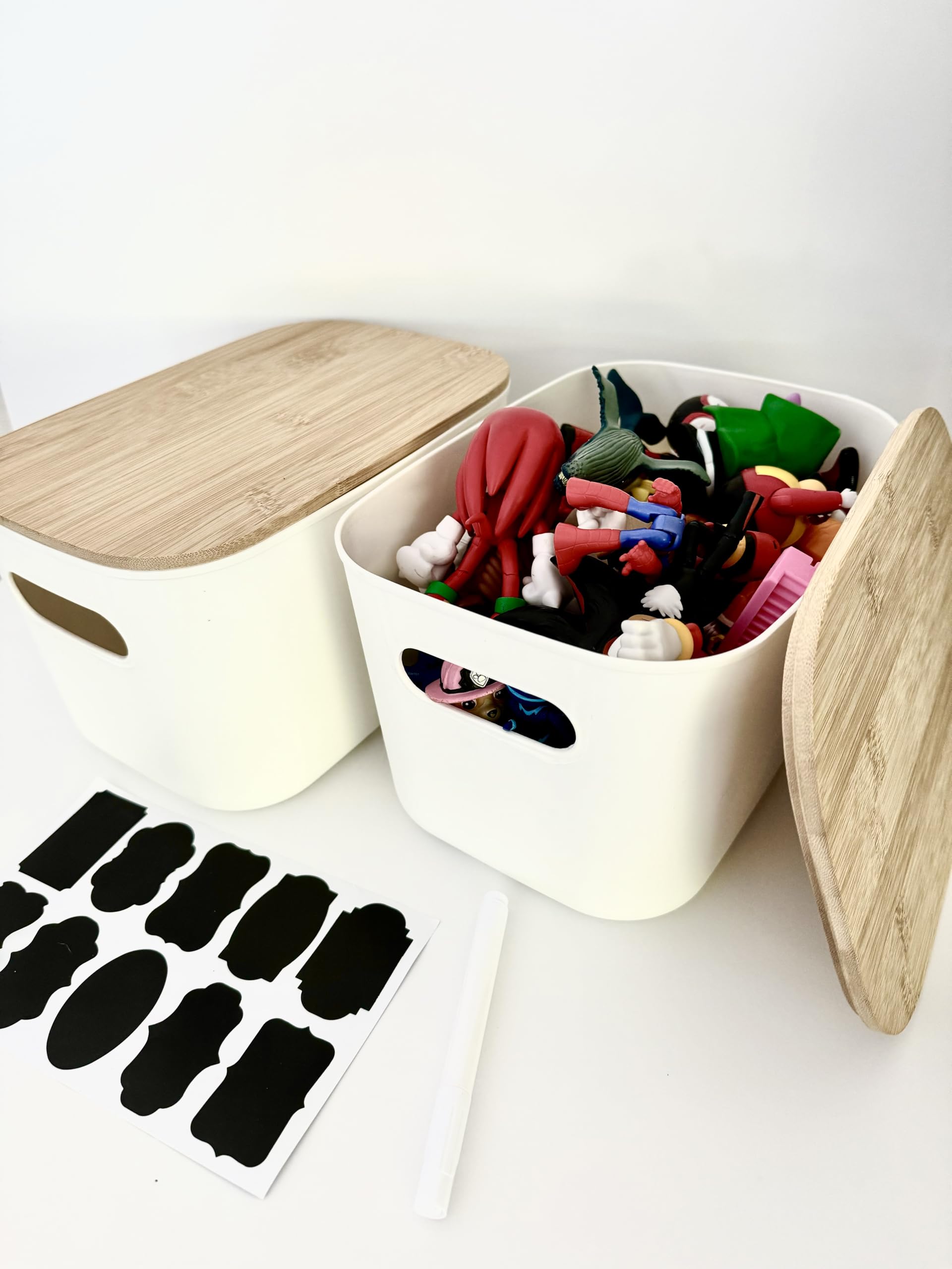 Plastic Stackable Storage Bins with Bamboo Lid 2 PCS and 10 Sticker Labels and one Chalk Pen -Storage Containers-Storage Basket for Organizing-Playroom Classroom Organization