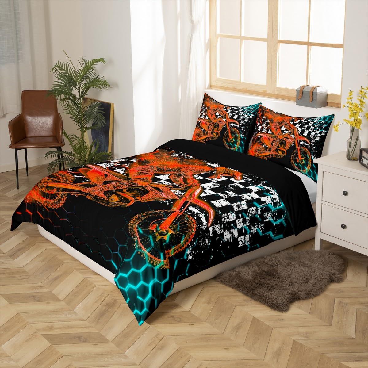 Feelyou Motocross Duvet Cover Set Black Orange Dirt Bike Rider Blue Orange Honeycomb Bedding Set Boys Racing Grid Comforter Cover Fashion Motorcycle Silhouette Quilt Cover Room 2Pcs Twin Size,Zipper