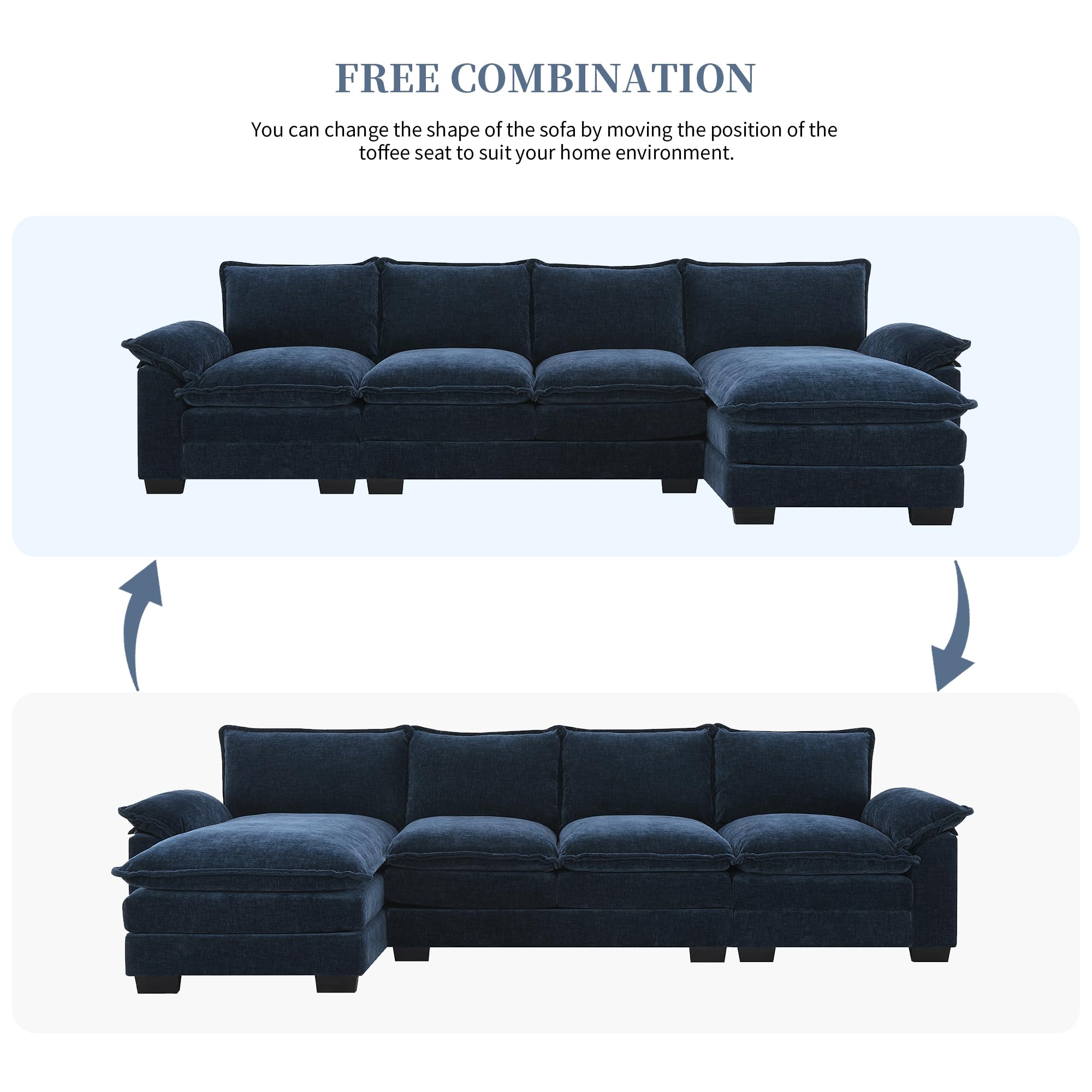 118" Oversized Modular Cloud Couch - Comfy Chenille Modular Sofa Convertible Upholstered L Shaped Sectional Sofa Cloud Couches with Chaise Lounge & Double Cushions for Living Room (Dark Blue)