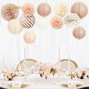 NICROHOME Wedding Decorations, 12 PCS Champagne Tissue Paper Pom Poms and Lanterns Set, Creamy White Paper Flowers for Engagement Receptions, Boho Bridal Showers Party Supplies