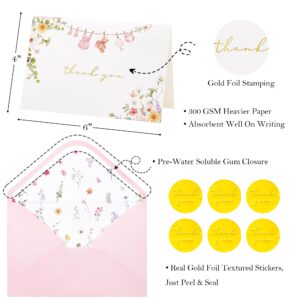 Crisky Baby Shower Pink Gold Thank You Cards (50 Pack) with Envelopes & Stickers Girl Baby Shower Greeting Cards Bulk, Watercolor Delicate Wildflower for Baby Shower Party