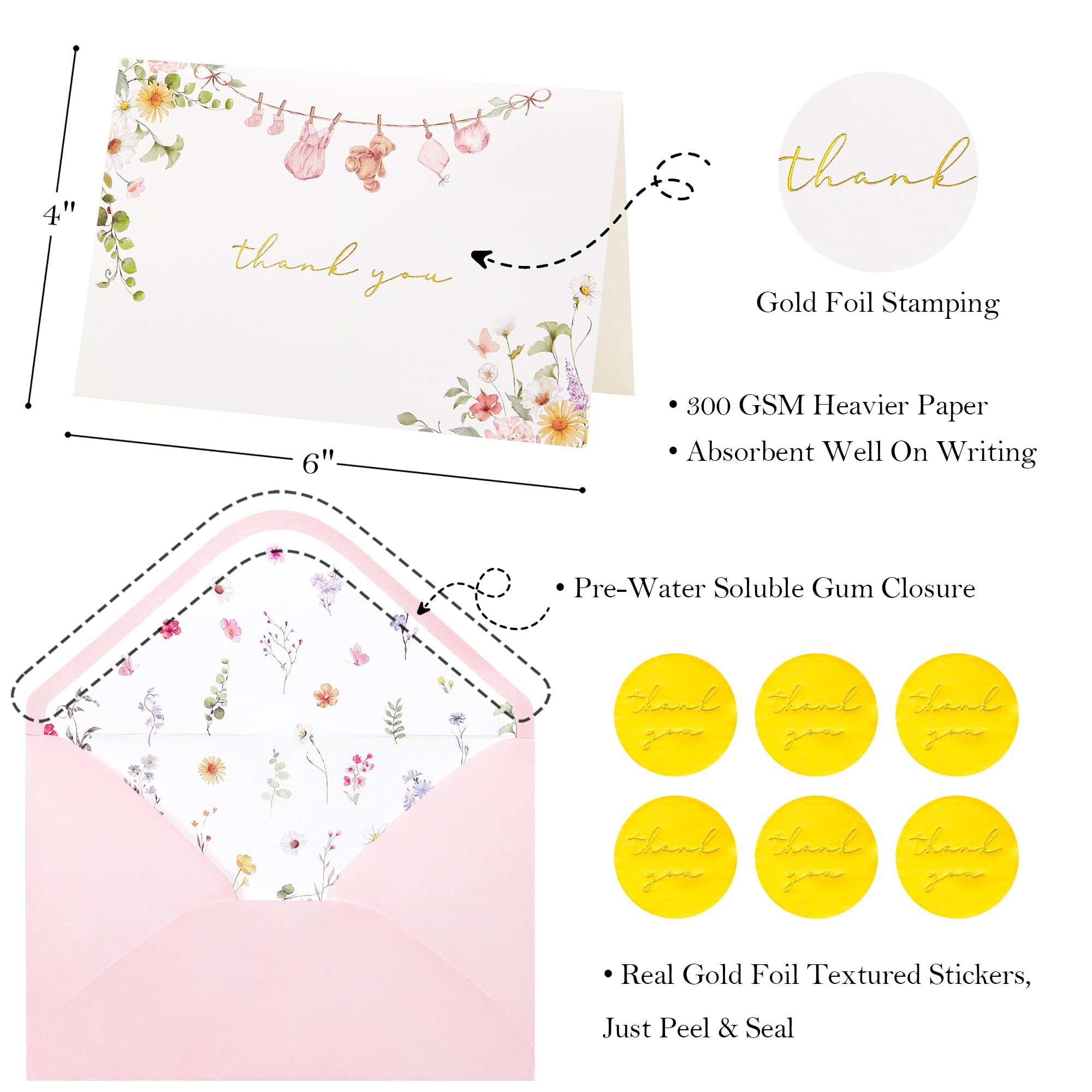 Crisky Baby Shower Pink Gold Thank You Cards (50 Pack) with Envelopes & Stickers Girl Baby Shower Greeting Cards Bulk, Watercolor Delicate Wildflower for Baby Shower Party