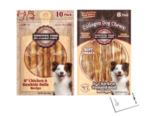 butcher shop dot treats variety pack of - butcher shop collagen 8-in chicken twisted roll recipe dog jerky treat, 9.88-oz bag and butcher shop 8-in chicken & rawhide rolls recipe dog treat, 10-oz bag