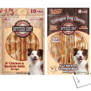 Butcher Shop Dot Treats Variety Pack of - Butcher Shop Collagen 8-in Chicken Twisted Roll Recipe Dog Jerky Treat, 9.88-oz Bag and Butcher Shop 8-in Chicken & Rawhide Rolls Recipe Dog Treat, 10-oz Bag