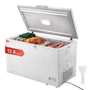 vevor chest freezer, 12.8 cu.ft / 345 l large deep freezer & 4 removable baskets, freestanding top open door commercial chest freezers with locking lid, 7-level adjustable temp, led lighting, 6 wheels