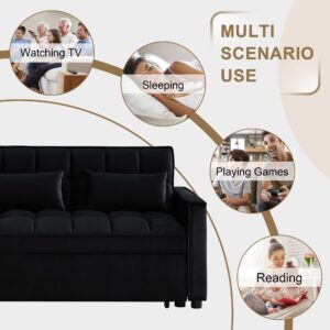 SumKea 55'' 3-in-1 Velvet Convertible Loveseat Sofa Bed-2-Seater Sleeper Couch with Pull-Out Bed, Reclining Backrest, Pillows, Pockets-Perfect for Small Spaces, Living Room Furniture, Dark Black