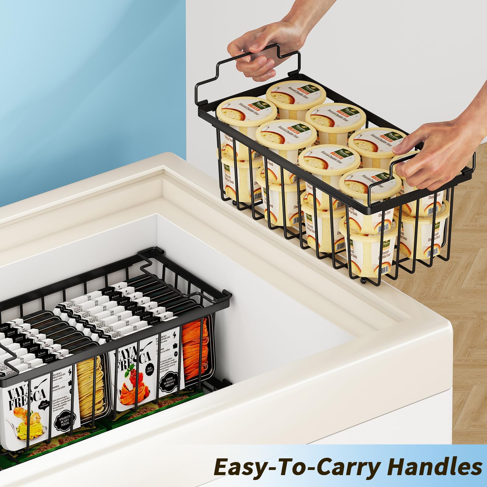 Freezer Organizer Bins (14.6"L x 7.1"W x 5.2"H) - 4 Pack Stackable Chest Freezer Organizer for 7 Cu.FT Deep Freezer Sort Frozen Meats | Deep Freezer Organizer Bins Get Food Easily w/Handle(Black)