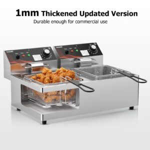 Commercial Deep Fryer with Baskets 20.7Qt Dual Tank Upgraded Electric Countertop Fryer Heavy Duty 1mm Thickened Stainless Steel Deep Fryers, 120V, 3600W, UL Certified