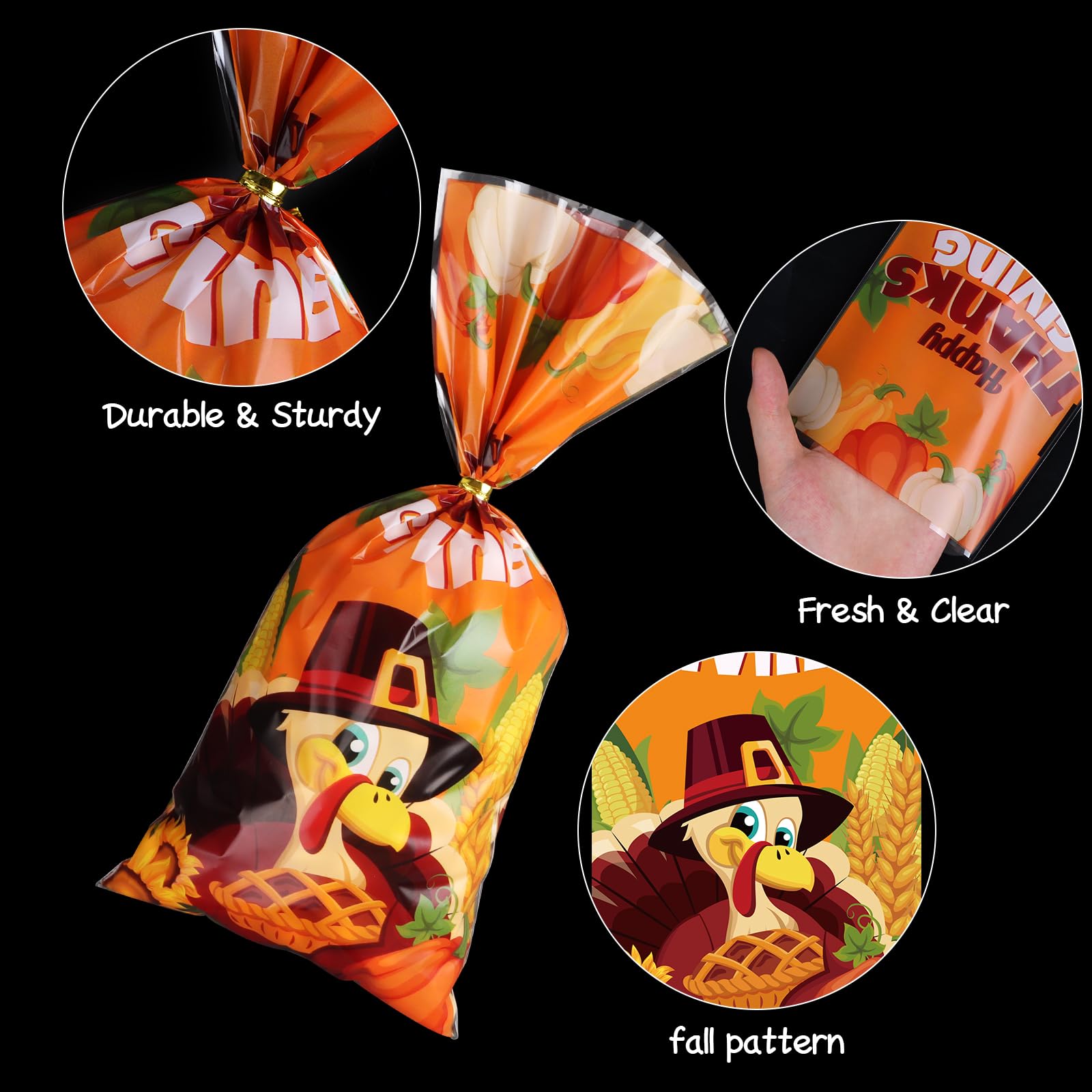 DIYASY 180 Pcs Thanksgiving Ceollophane Treat Bags, Fall Candy Bags Plastic Goodie Snack Bags with Twist Ties for Thanksgiving Party Favor and Holiday gifts Wrapping