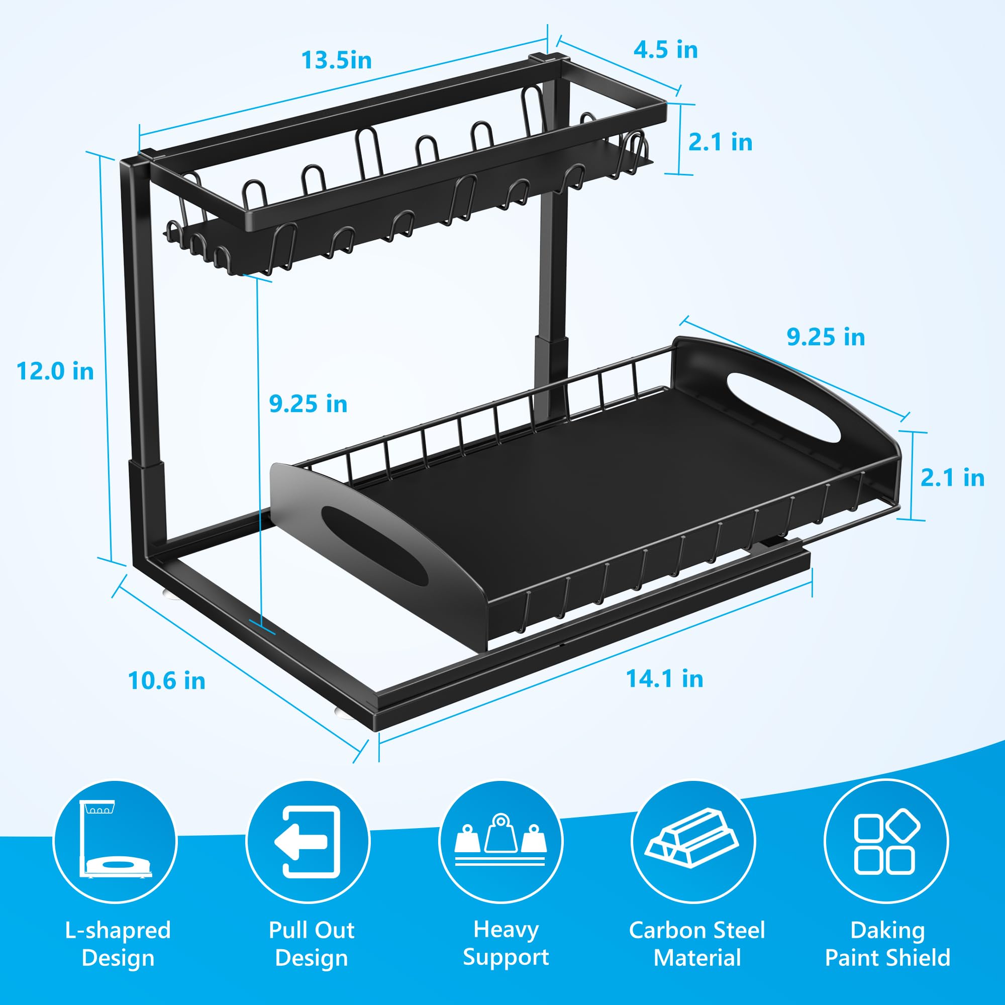 Fkprorjv Under Sink Organizer, 2 Pack L-Shaped Bathroom Kitchen Organizers and Storage, Pull Out Sink Cabinet Drawer Shelf Pantry Organizer and Storage, Black