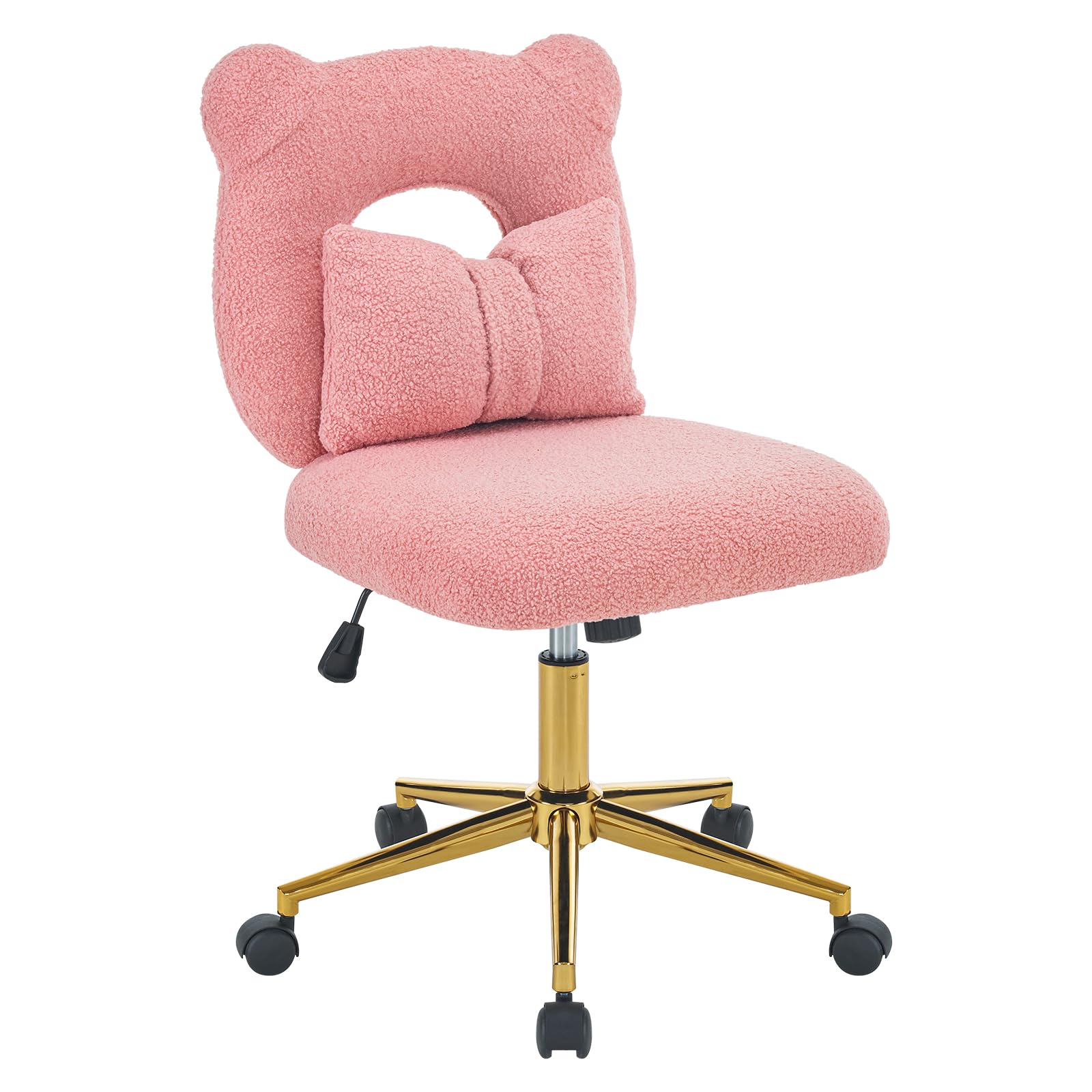 Furniliving Cute Vanity Desk Chair, Armless Home Office Desk Chair Height Adjustable with Wheels Upholstered Pillow for Makeup Room for Girls, Sherpa Pink