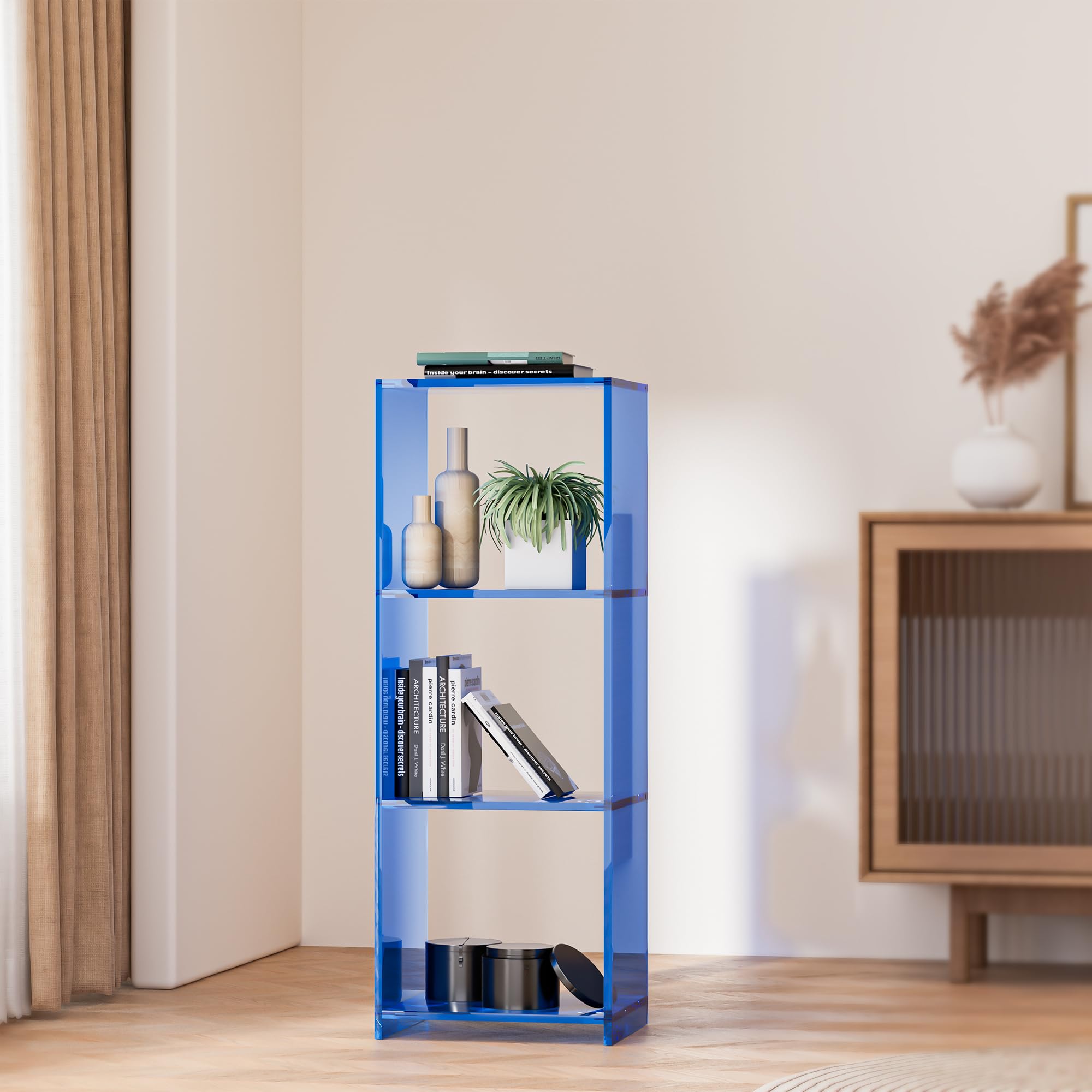 3 Tier Acrylic Bookcase, Clear Floor Standing Acrylic Bookshelf, 31.5 inch Tall Display Cube Storage Shelf Home Decor Furniture for Home, Office, Living Room, Bedroom, Blue