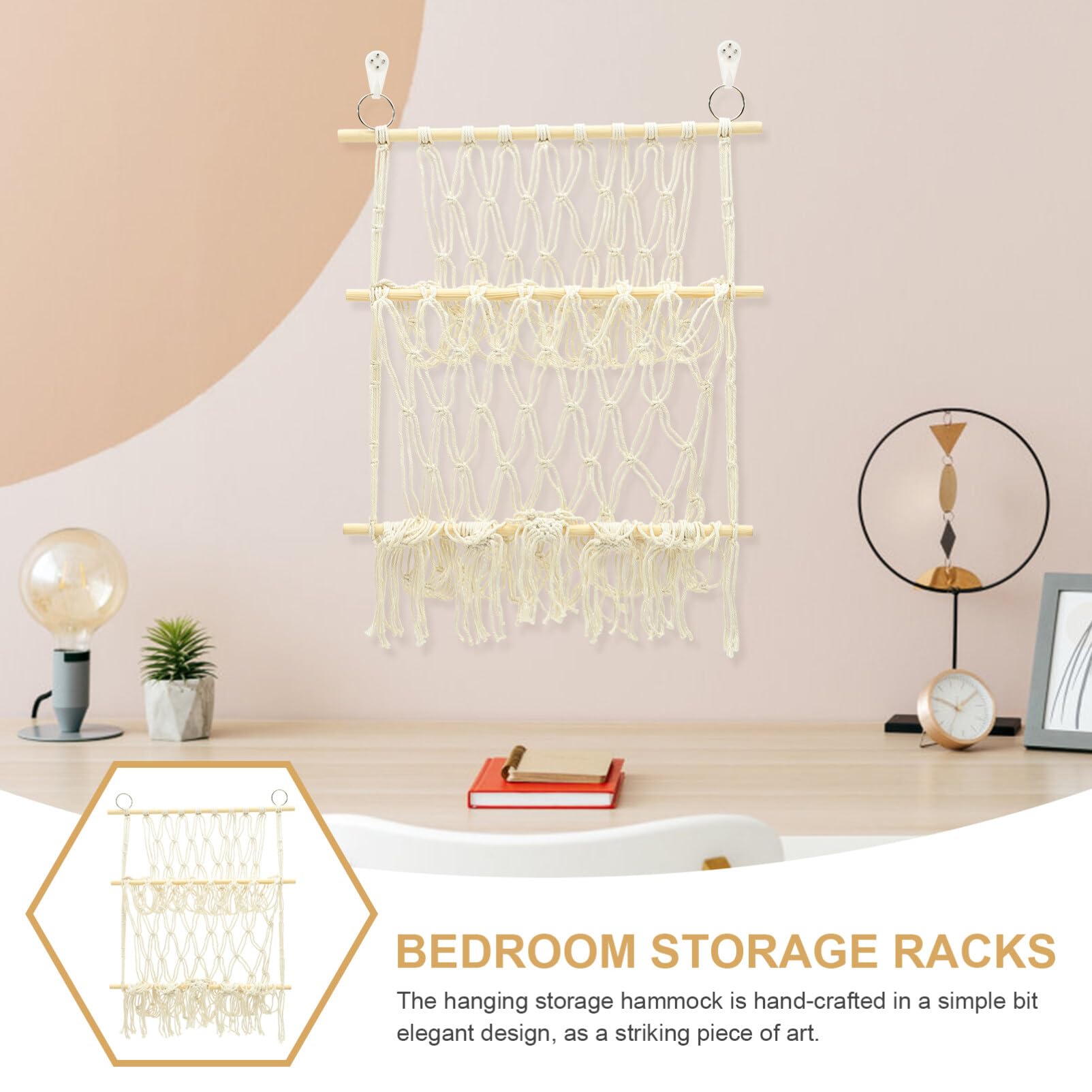 Toyvian Double Layer Hammock for Plush Toy, Macrame Net Tapestry Storage Rack Bookshelf Hammock Decorative Wall Hanging Stuffed Animal Hammock, White Household Wooden Stick Storage Net Bag