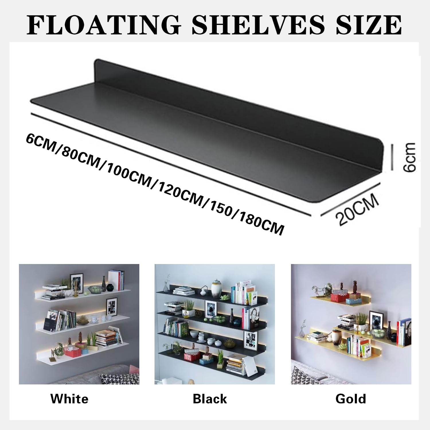 1pcs LED Floating Display Shelf with Built-in Illuminated Lights, Wall Mounted Metal Emitting Shelf Lighted Display Shelf, Creative Hanging Shelf for Living Room, Bedroom, Kitchen,Gold,150cm/59in