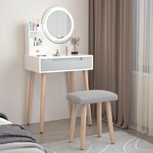 ARTETHYS Small Vanity Desk Set with 3 Adjustable Lighted Mirror and Storage Shelf White and Grey Tiny Vanity Table with Drawer for Bedroom 24 Inch Makeup Vanity Compact Dressing Table for Small Space