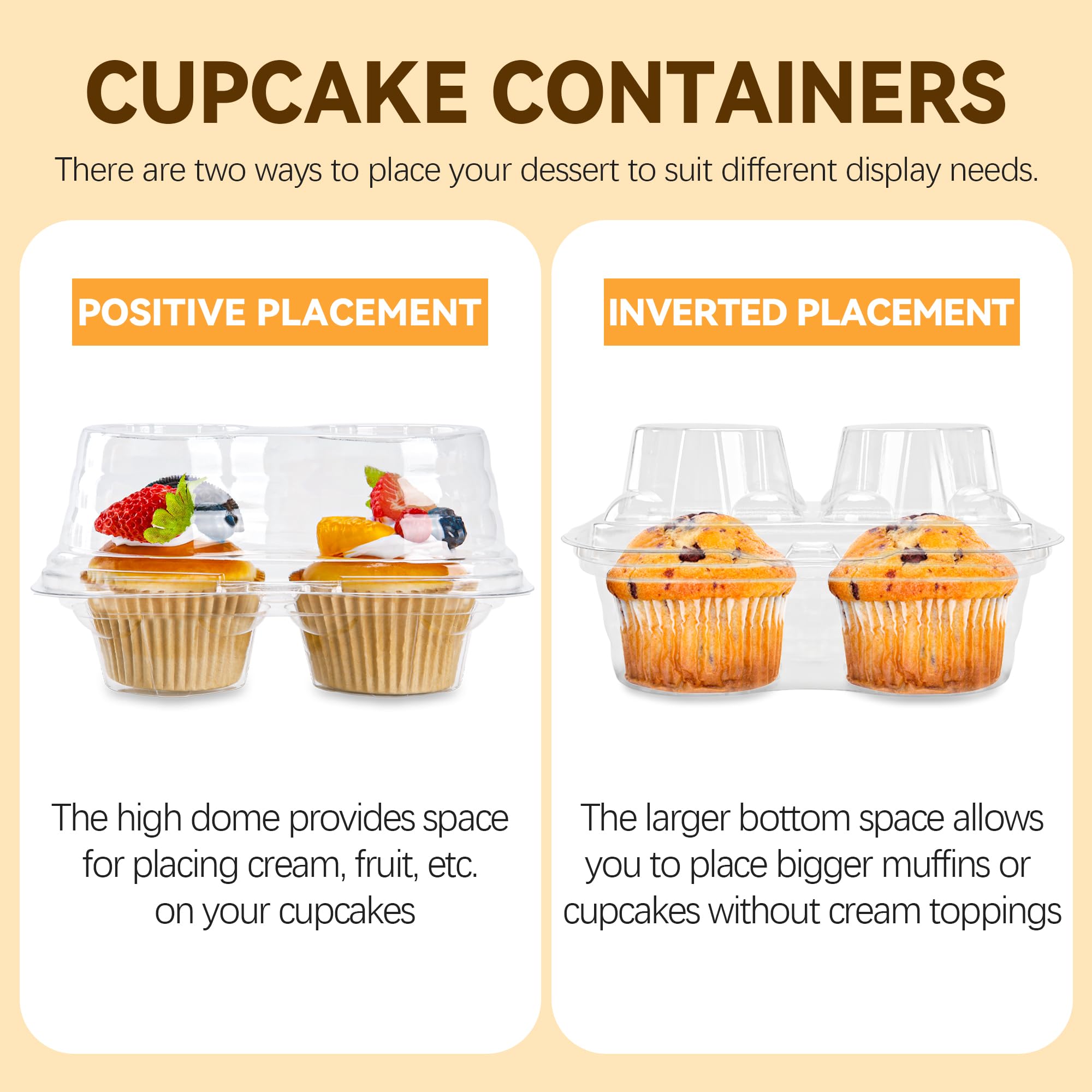 NPLUX 2 Count Cupcake Containers 50 Pack Cupcake Holders with Detachable Tall Dome Lids Clear Plastic Stackable Cupcake Boxes for 100 Cupcakes, BPA Free, Standard Size