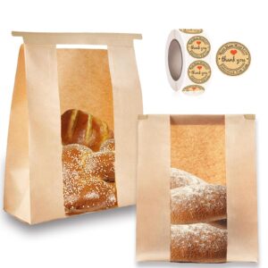 100 pcs(13.7x8.2x3.5 in) paper bread bags for homemade bread, sourdough bread bags with window, sourdough storage bread bags for bread packaging includes 500 cute seal stickers