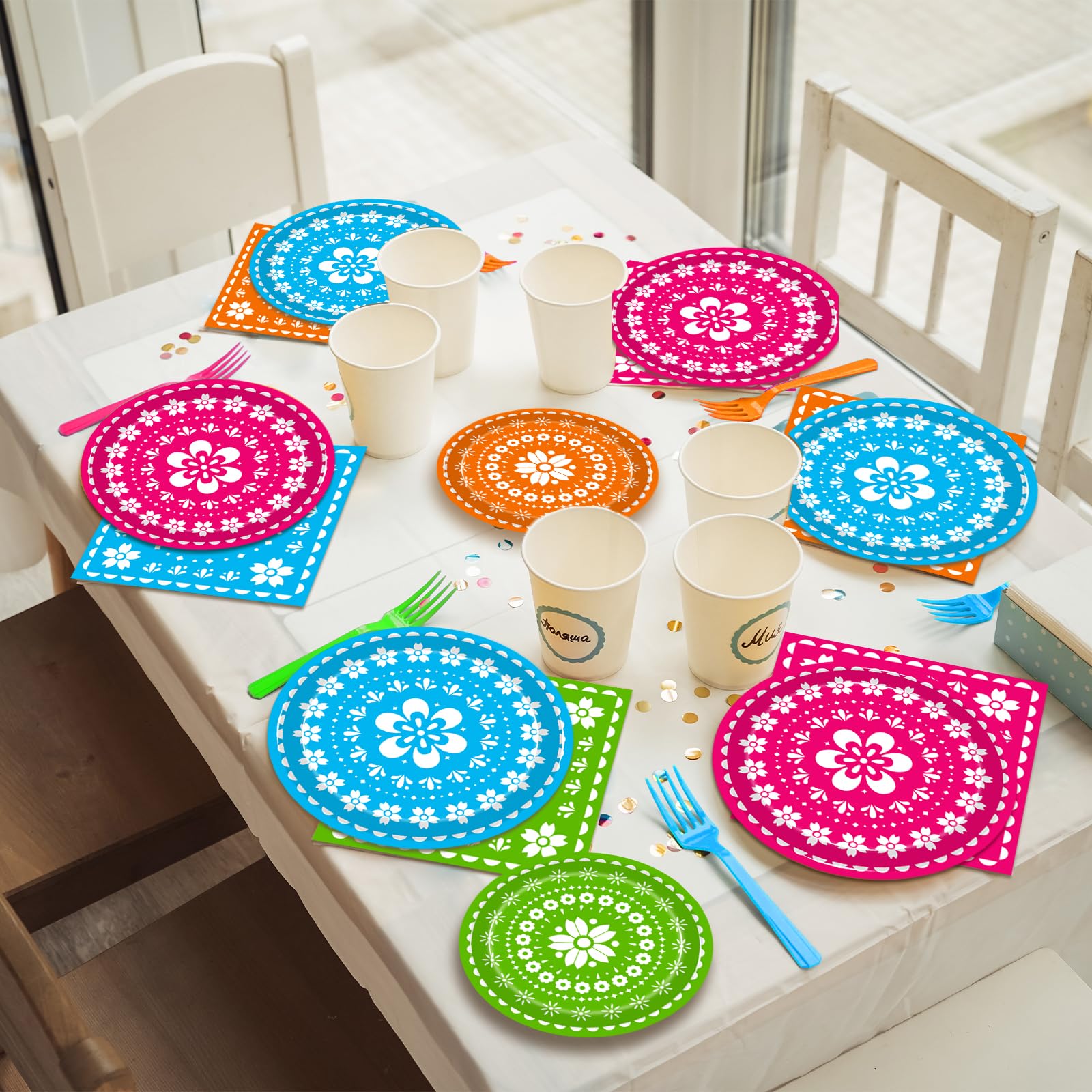 Kepeel 200Pcs Fiesta Party Plates, Mexican Cinco De Mayo Party Decorations Supplies Mexican Papel Picado Disposable Paper Plates Napkins for Taco Carnival Birthday Baby Shower Tableware, Serves 50