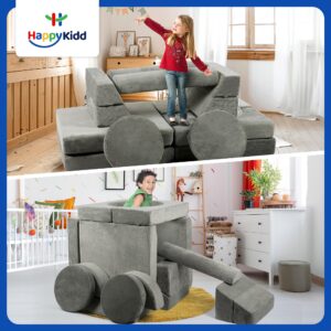 HappyKidd Modular Kids Play Couch - 15 Pieces Buildable Plush Play Couch Panels with Ball Pit Square, Backrests - Kids Sofa Couch Furniture for Ages 5-12, Kids Couch for Playroom, Bedroom, Classroom