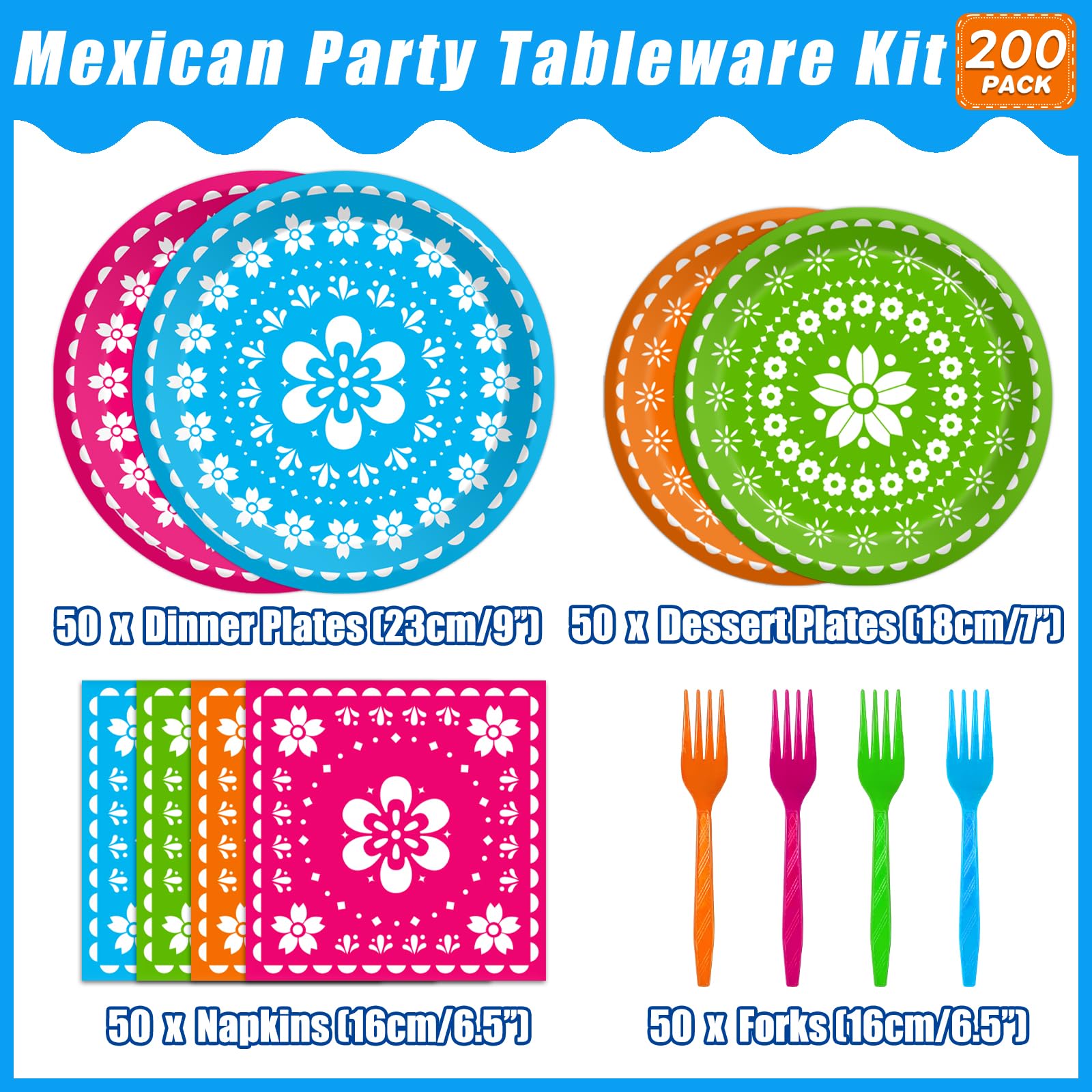 Kepeel 200Pcs Fiesta Party Plates, Mexican Cinco De Mayo Party Decorations Supplies Mexican Papel Picado Disposable Paper Plates Napkins for Taco Carnival Birthday Baby Shower Tableware, Serves 50