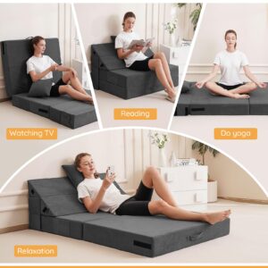 Fjdesklu Folding Couch Sofa Bed - Comfortable Sleeper Chair with Stable Back Support, Pocket and Throw Pillow, Durable Fabric & Portable Design for Napping, Yoga, Reading, and Relaxation - Grey