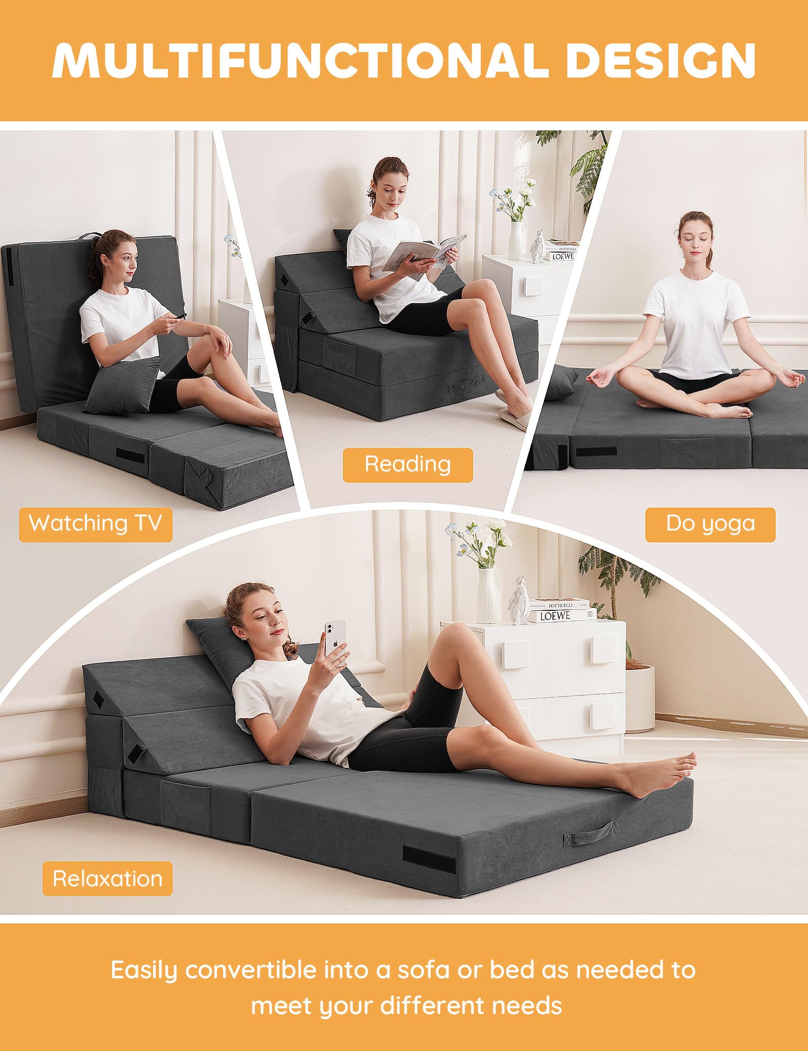 Fjdesklu Folding Couch Sofa Bed - Comfortable Sleeper Chair with Stable Back Support, Pocket and Throw Pillow, Durable Fabric & Portable Design for Napping, Yoga, Reading, and Relaxation - Grey