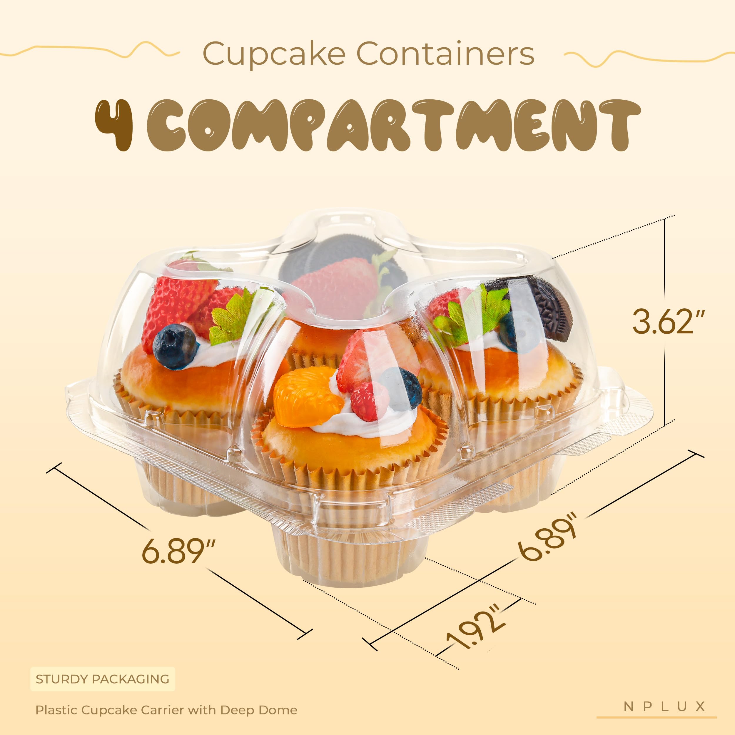 NPLUX 4 Compartment Cupcake Containers 20 Pack Cupcake Holder with Connected Airtight Lid Cupcake Boxes for 80 Cupcakes Muffins, BPA Free, Standard Size