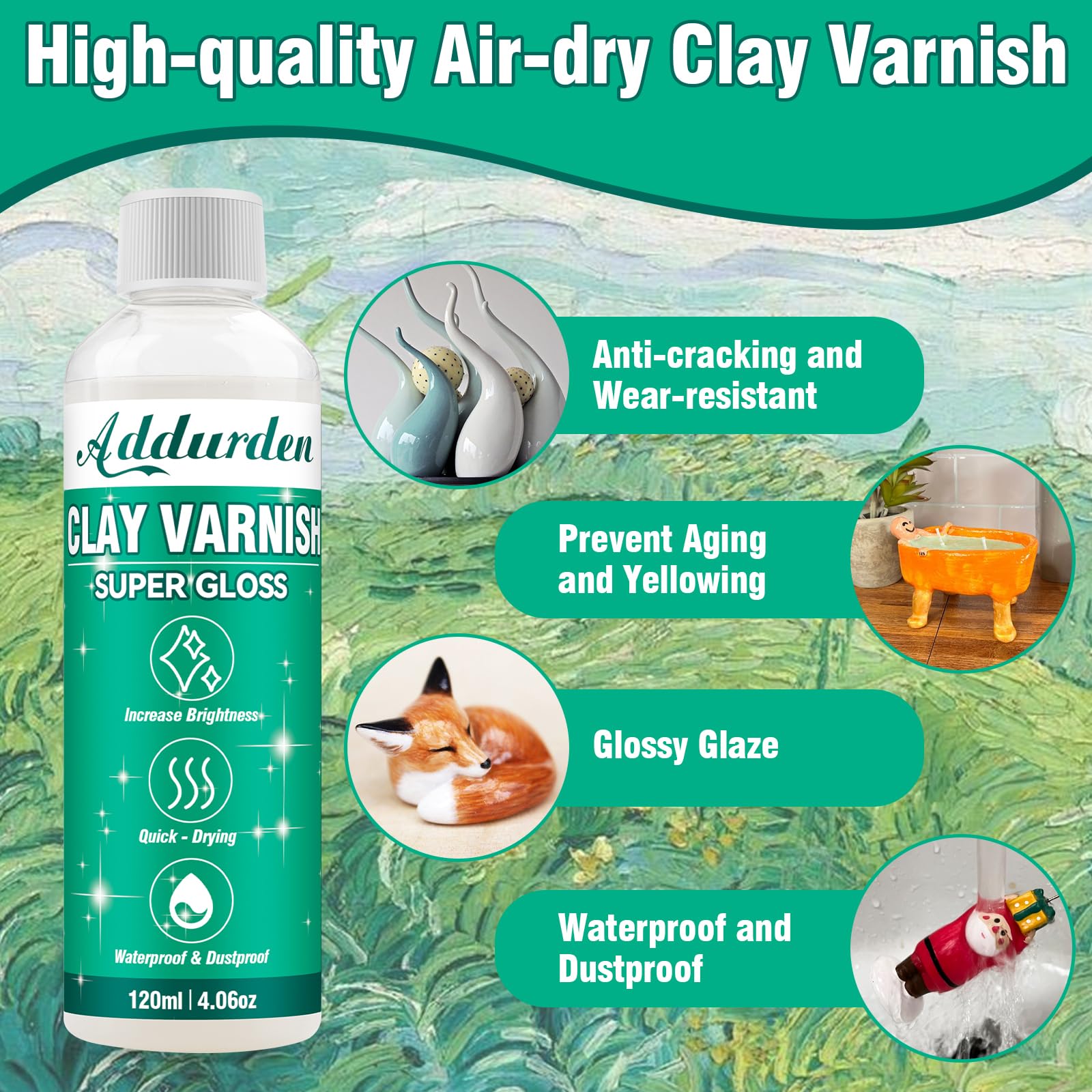 Addurden Clay Varnish with 2 Brushes, 120ml Acrylic Varnish, Air Dry Clay Glaze, Glossy Clay Varnish for Clay, Ceramics, Oil Painting, Wood, Waterproof, Preventing Crazing & Yellowing (Varnish-Large)