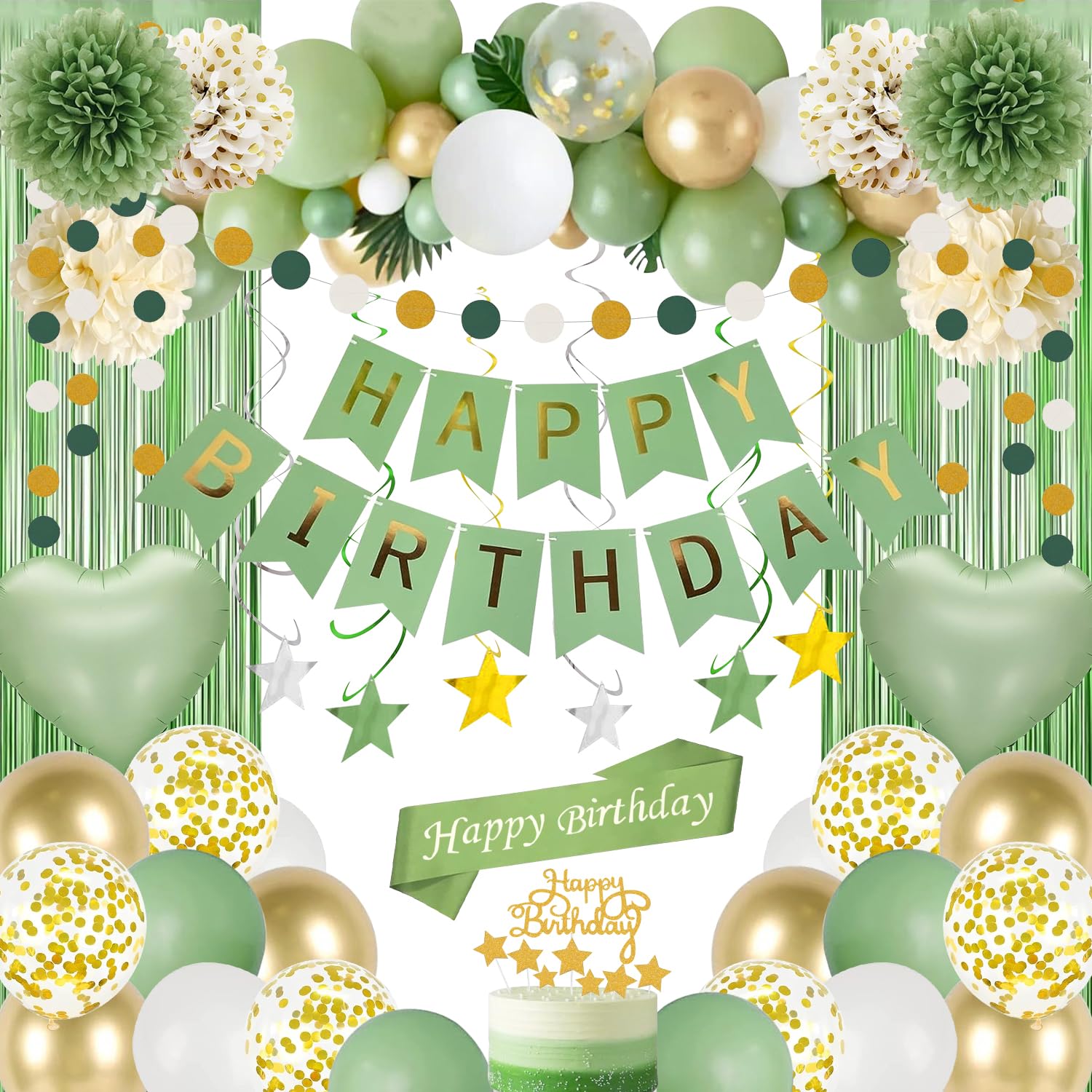 Torerun Upgraded Sage Green Birthday Party Decorations Olive Green and Gold Balloons with Happy Birthday Banner Sash,Cake Topper,Fringe Curtain,Star Hanging Swirls for Women or Girls