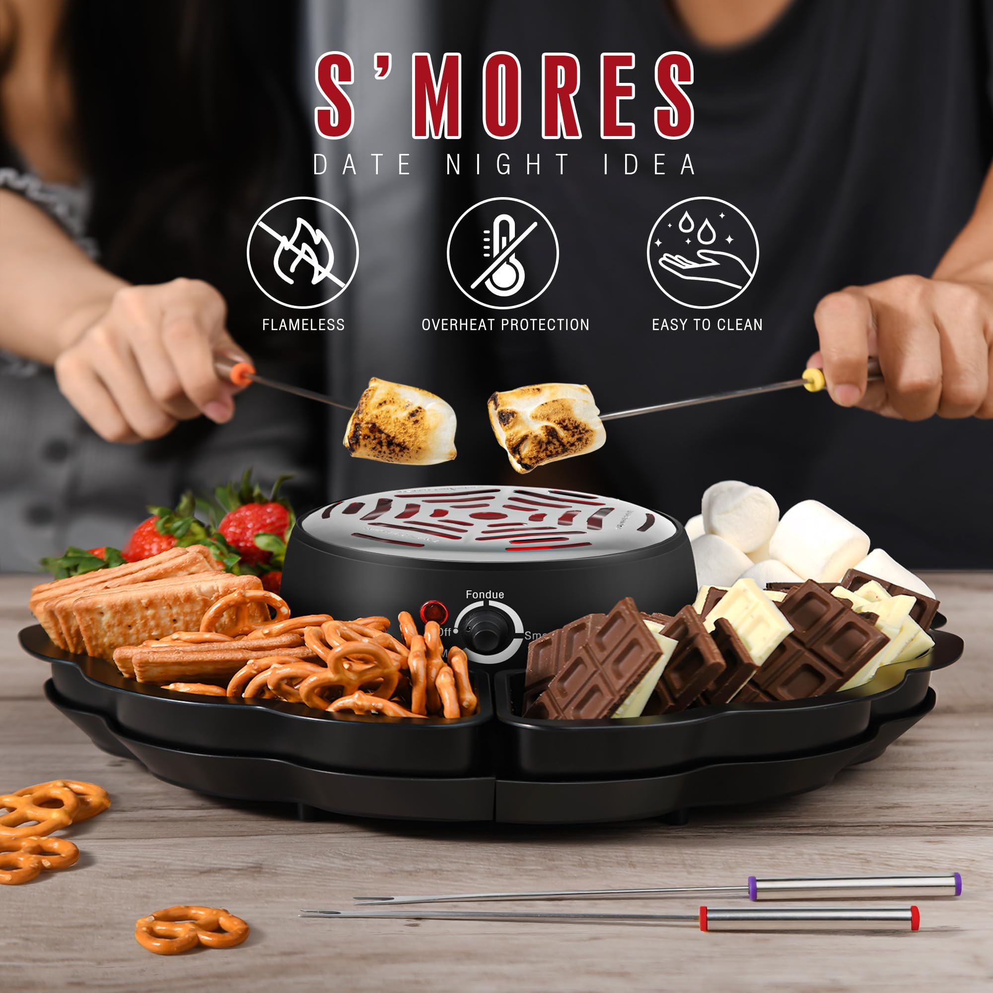 2 in 1 Electric S’mores Maker & Fondue Pot, Tabletop Indoor Smores kit with 4 Roasting Forks, 4 Detachable Trays & 1 Flameless Temperature-controlled Heater, Movie Night Supplies & Housewarming Gifts