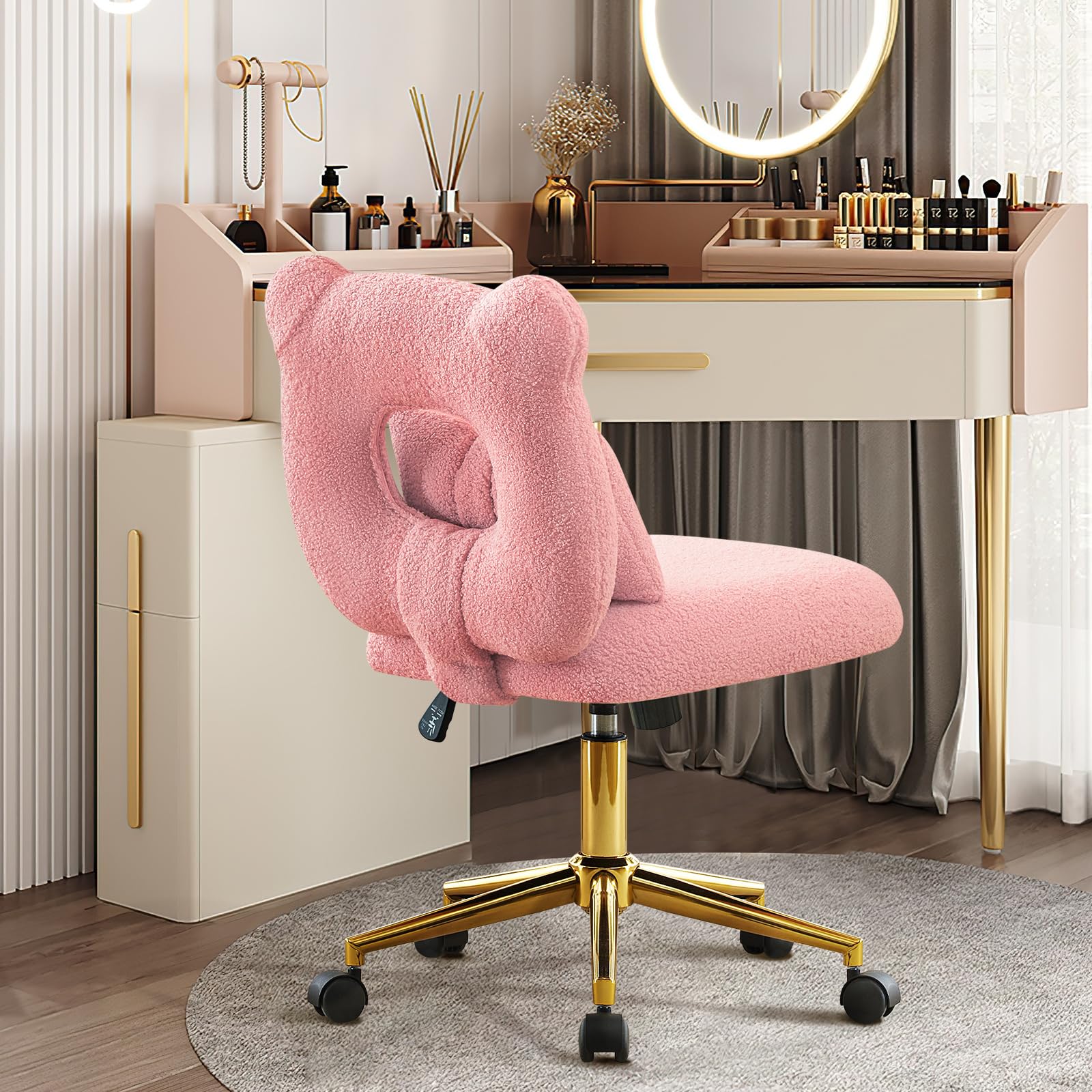 Furniliving Cute Vanity Desk Chair, Armless Home Office Desk Chair Height Adjustable with Wheels Upholstered Pillow for Makeup Room for Girls, Sherpa Pink