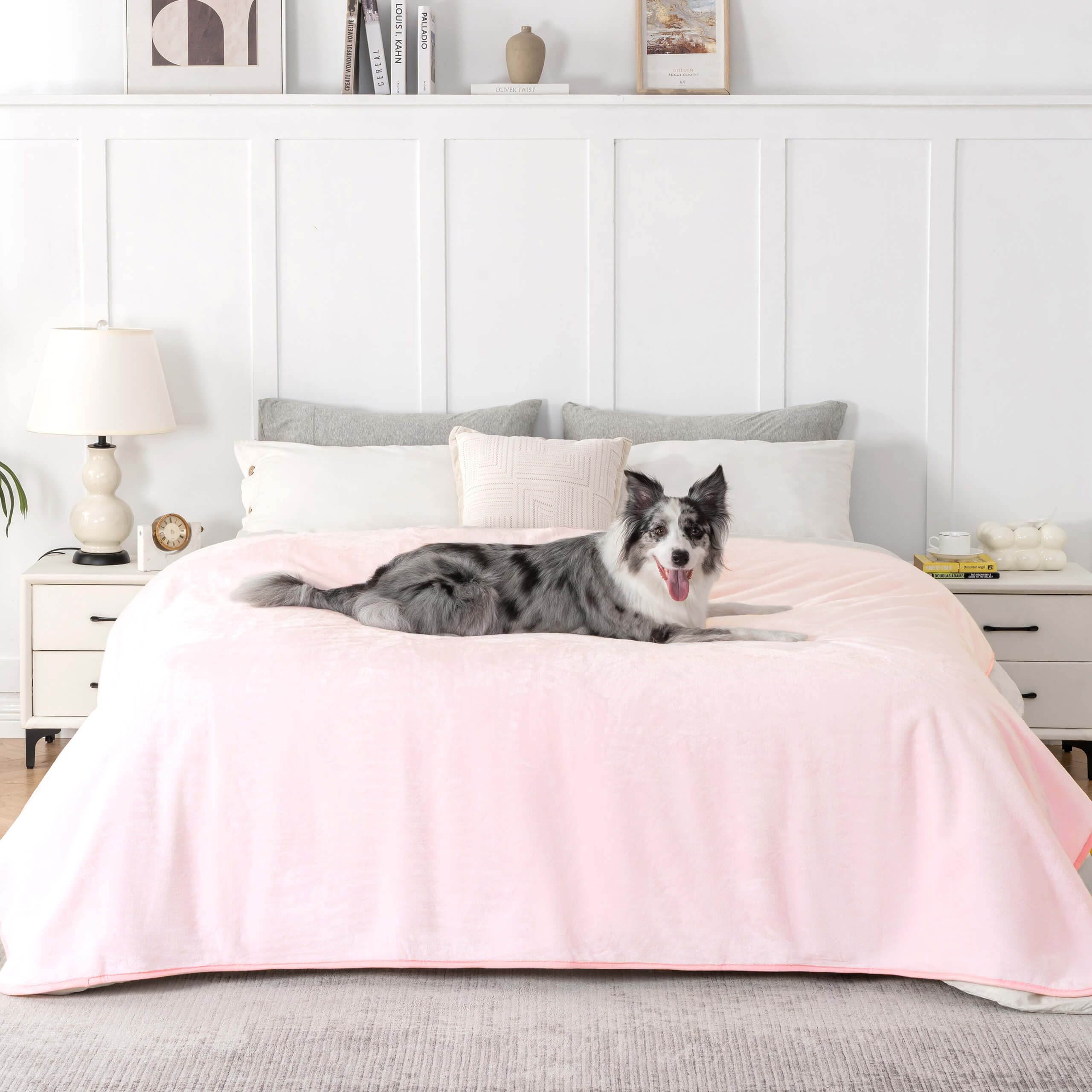 PETHUR Waterproof Dog Blanket for Bed, Dog Blankets for Large Dogs Washable, Soft Flannel Pet Blanket for Couch, Reversible Dog Bed Cover, 60"x80", Light Pink