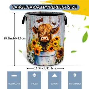 Highland Cow Sunflower Laundry Basket Animal Foldable Oxford Cloth Funny Tote Bag Laundry Hamper Clothes Storage Bucket Toy Organizer For Bathroom/Laundry Storage/Bedroom 18.9x16.5 Inch